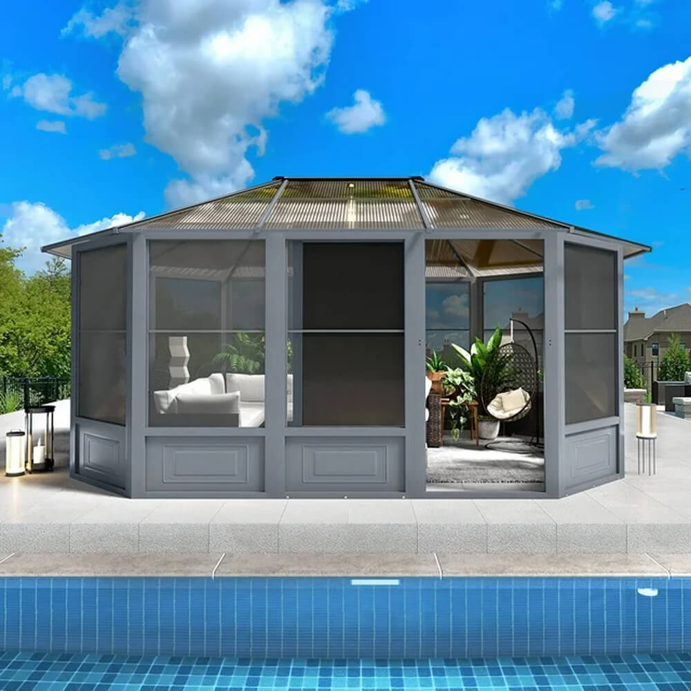 [12x15FT] Extra Large Premium Outdoor All-Season Polycarbonate Hardtop Solarium Sunroom With Sliding Doors