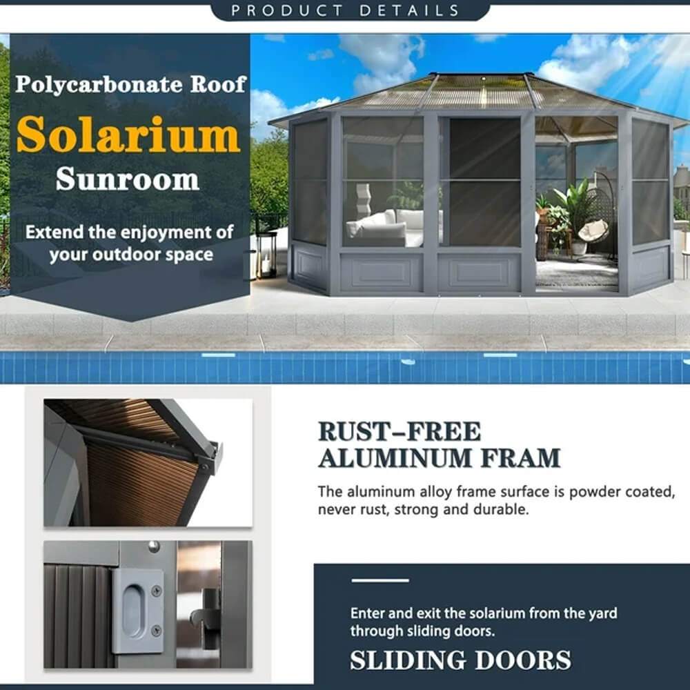 [12x15FT] Extra Large Premium Outdoor All-Season Polycarbonate Hardtop Solarium Sunroom With Sliding Doors