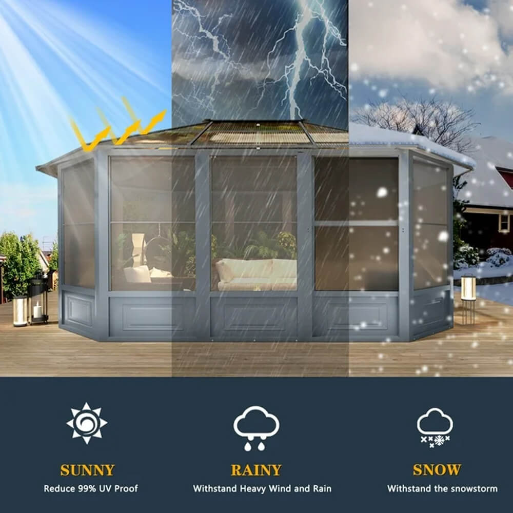 [12x15FT] Extra Large Premium Outdoor All-Season Polycarbonate Hardtop Solarium Sunroom With Sliding Doors