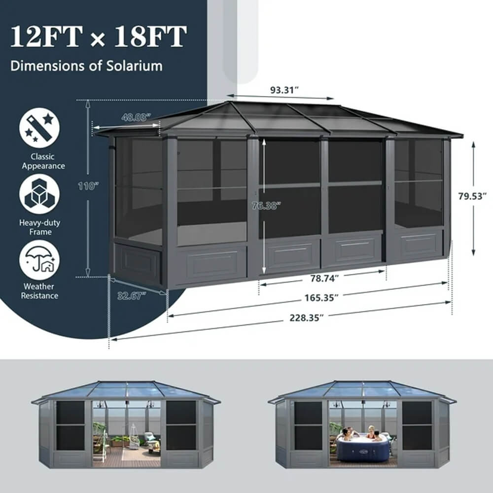 [12x18FT] Large Luxury Outdoor All-Season Aluminum Solarium Sunroom With Polycarbonate Hardtop And Sliding Doors