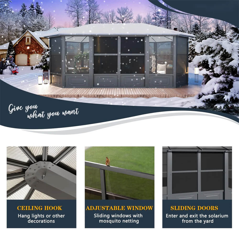 [12x18FT] Large Luxury Outdoor All-Season Aluminum Solarium Sunroom With Polycarbonate Hardtop And Sliding Doors