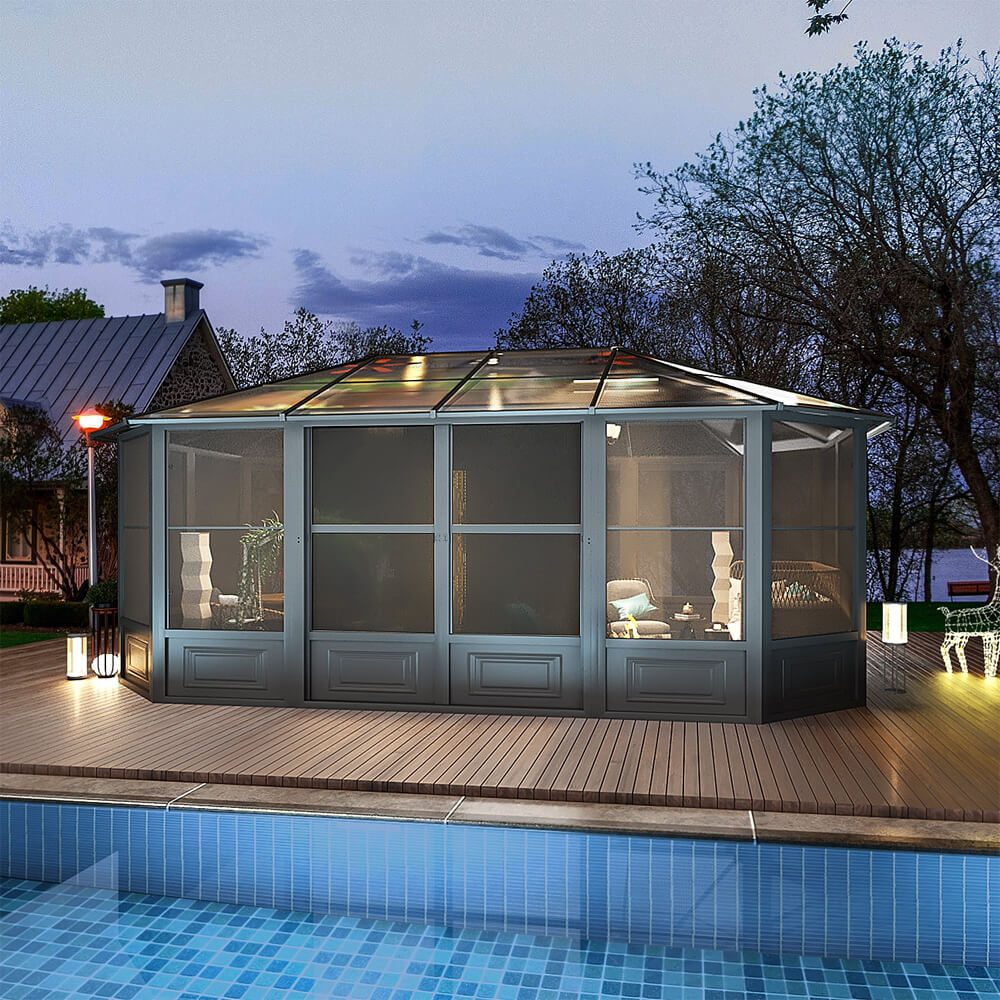 [12x18FT] Large Luxury Outdoor All-Season Aluminum Solarium Sunroom With Polycarbonate Hardtop And Sliding Doors