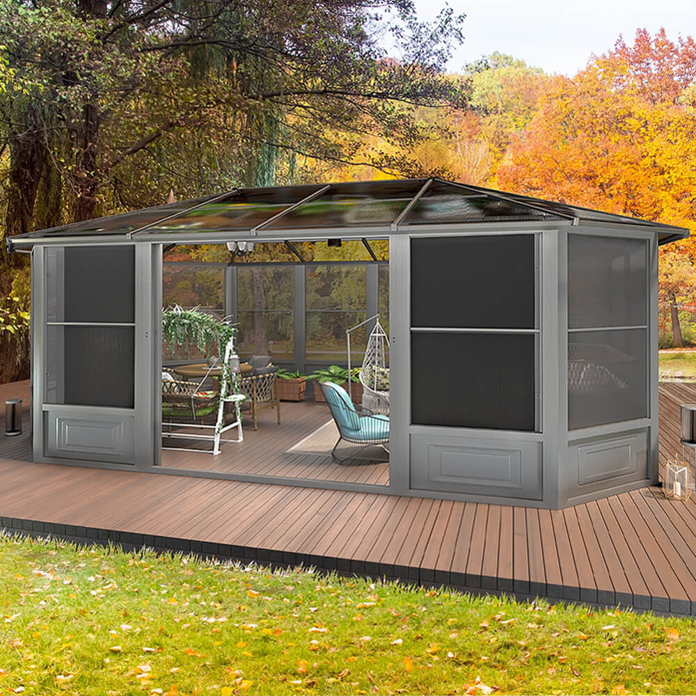 [12x18FT] Large Luxury Outdoor All-Season Aluminum Solarium Sunroom With Polycarbonate Hardtop And Sliding Doors
