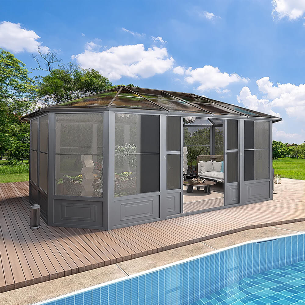 [12x18FT] Large Luxury Outdoor All-Season Aluminum Solarium Sunroom With Polycarbonate Hardtop And Sliding Doors