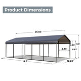 [12x25FT] Heavy Duty Extra Large Multi Vehicle Carport Kit With Galvanized Steel Roof