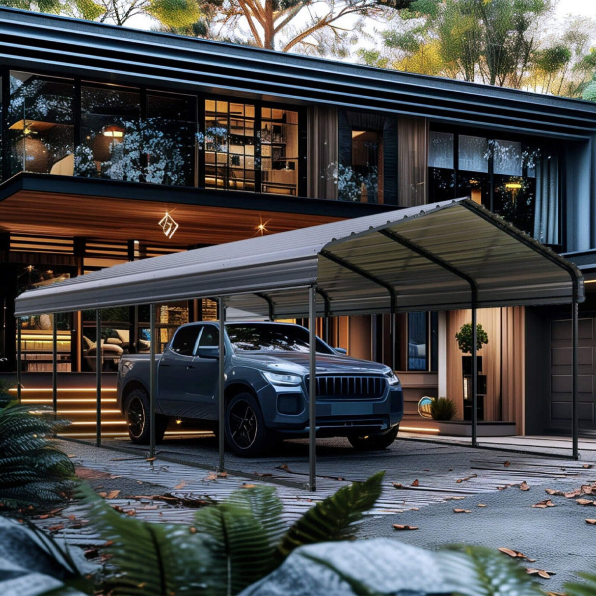 [12x25FT] Heavy Duty Extra Large Multi Vehicle Carport Kit With Galvanized Steel Roof