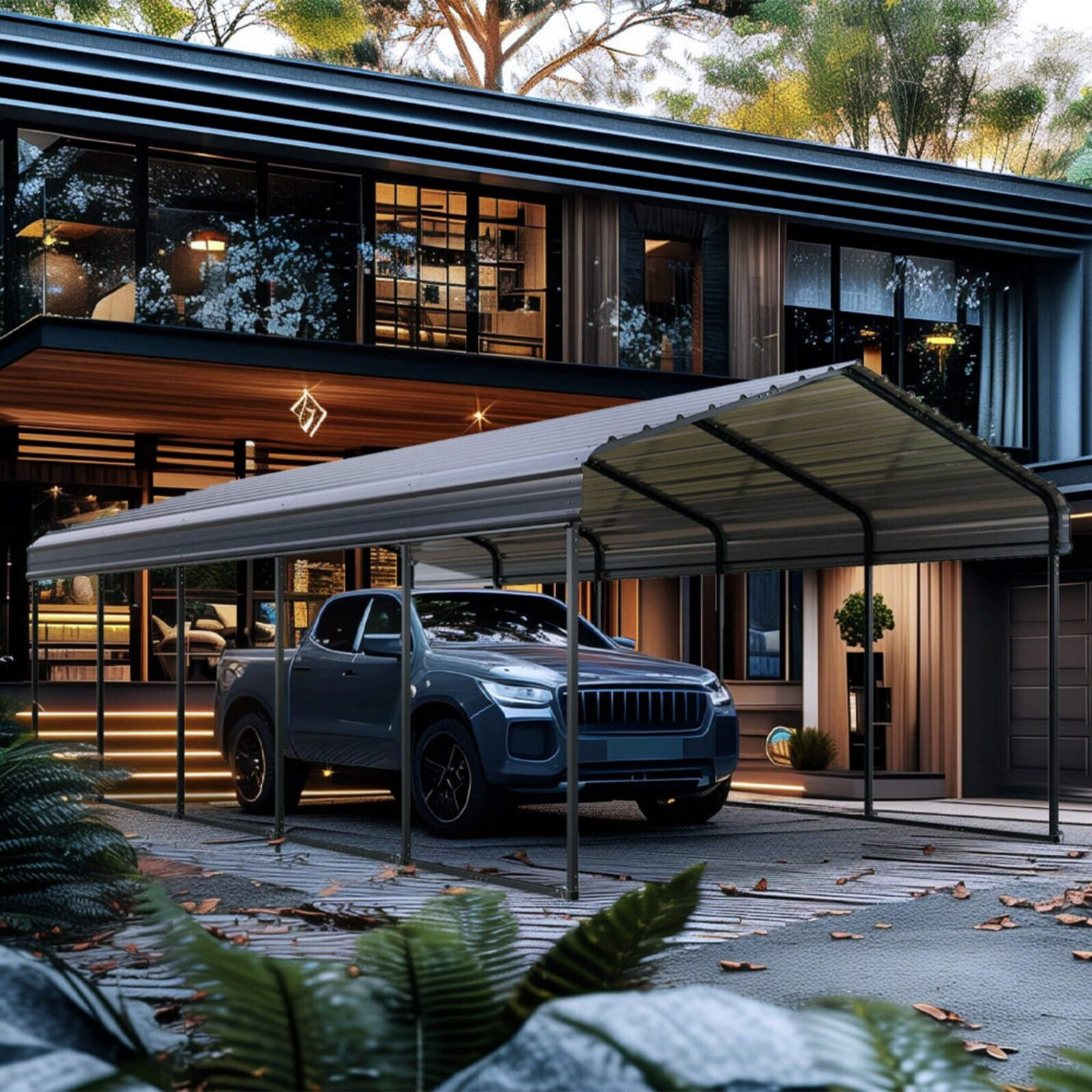 [12x25FT] Heavy Duty Extra Large Multi Vehicle Carport Kit With Galvanized Steel Roof
