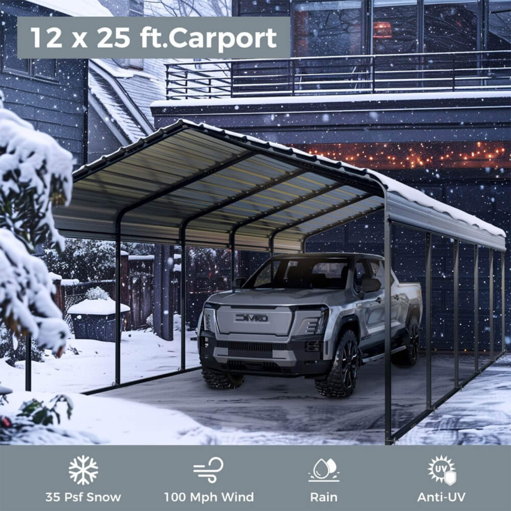 [12x25FT] Heavy Duty Extra Large Multi Vehicle Carport Kit With Galvanized Steel Roof