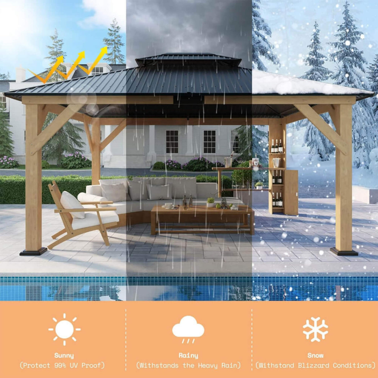 [13x15FT] Premium Outdoor All-Season Wooden Cedar Hardtop Gazebo Carport With Double Iron Roof