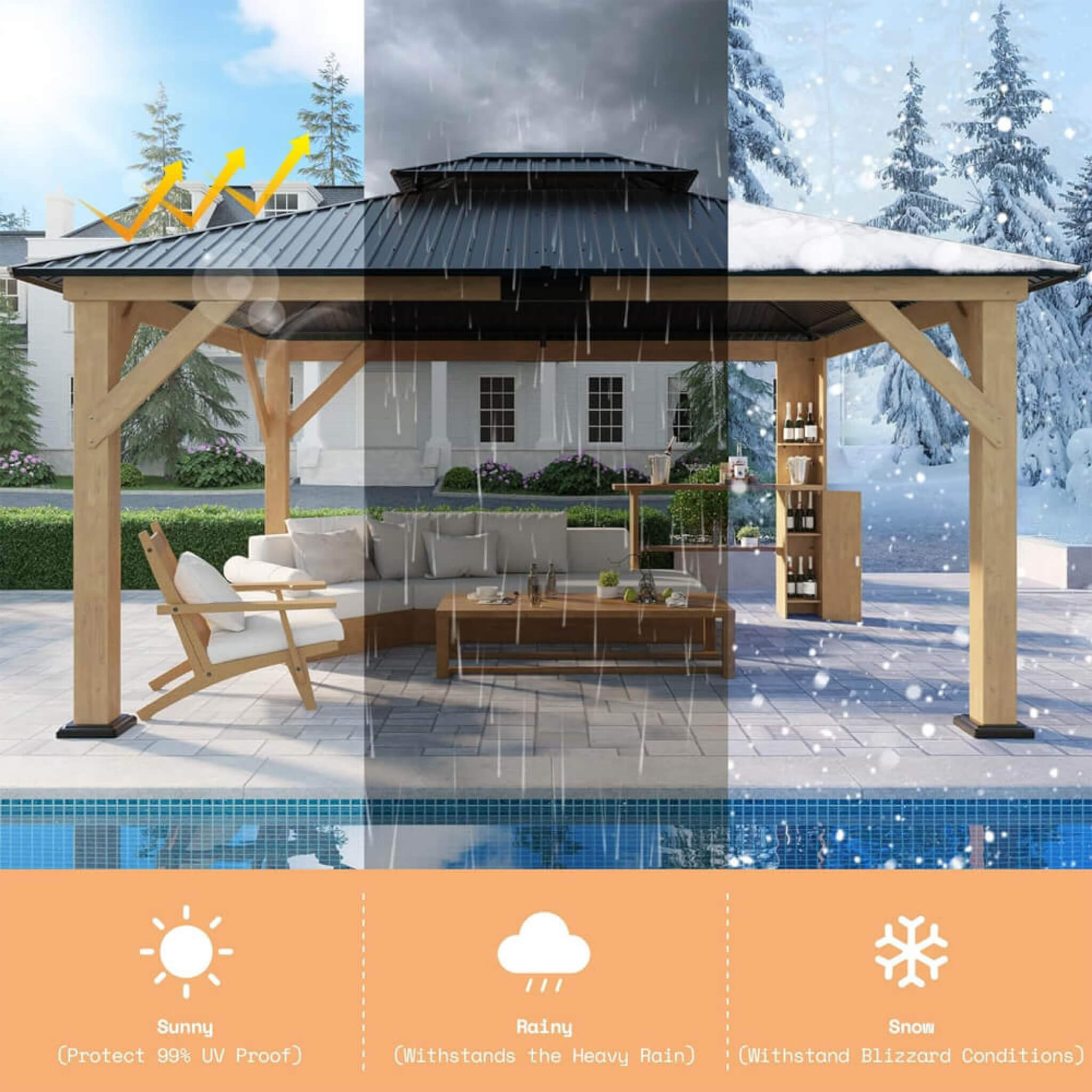 [13x15FT] Premium Outdoor All-Season Wooden Cedar Hardtop Gazebo Carport With Double Iron Roof