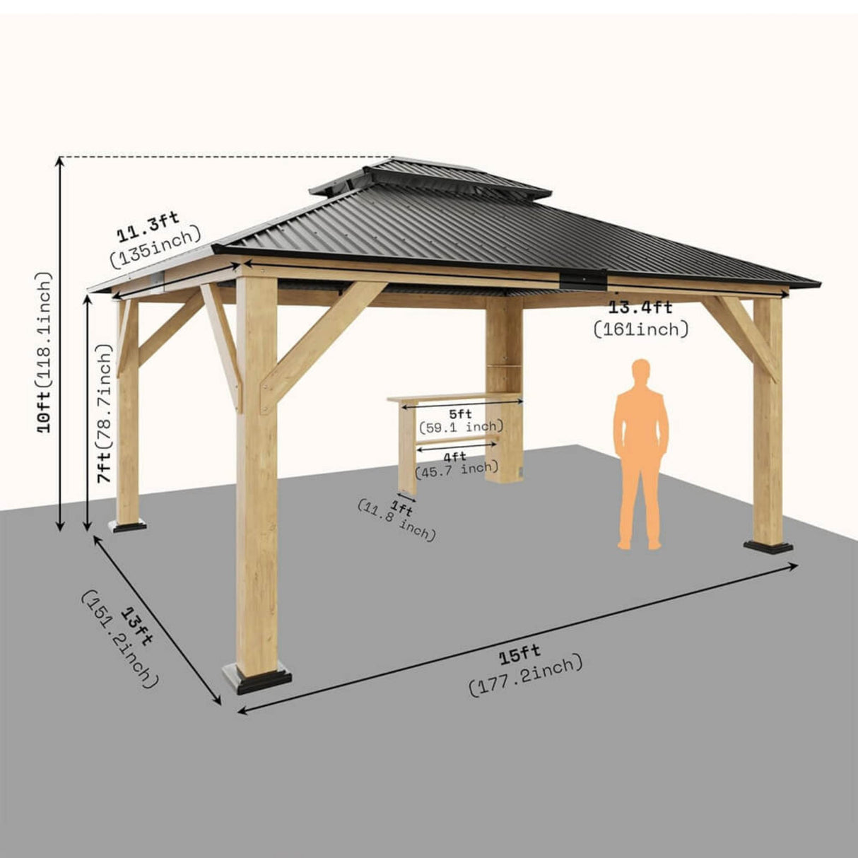 [13x15FT] Premium Outdoor All-Season Wooden Cedar Hardtop Gazebo Carport With Double Iron Roof
