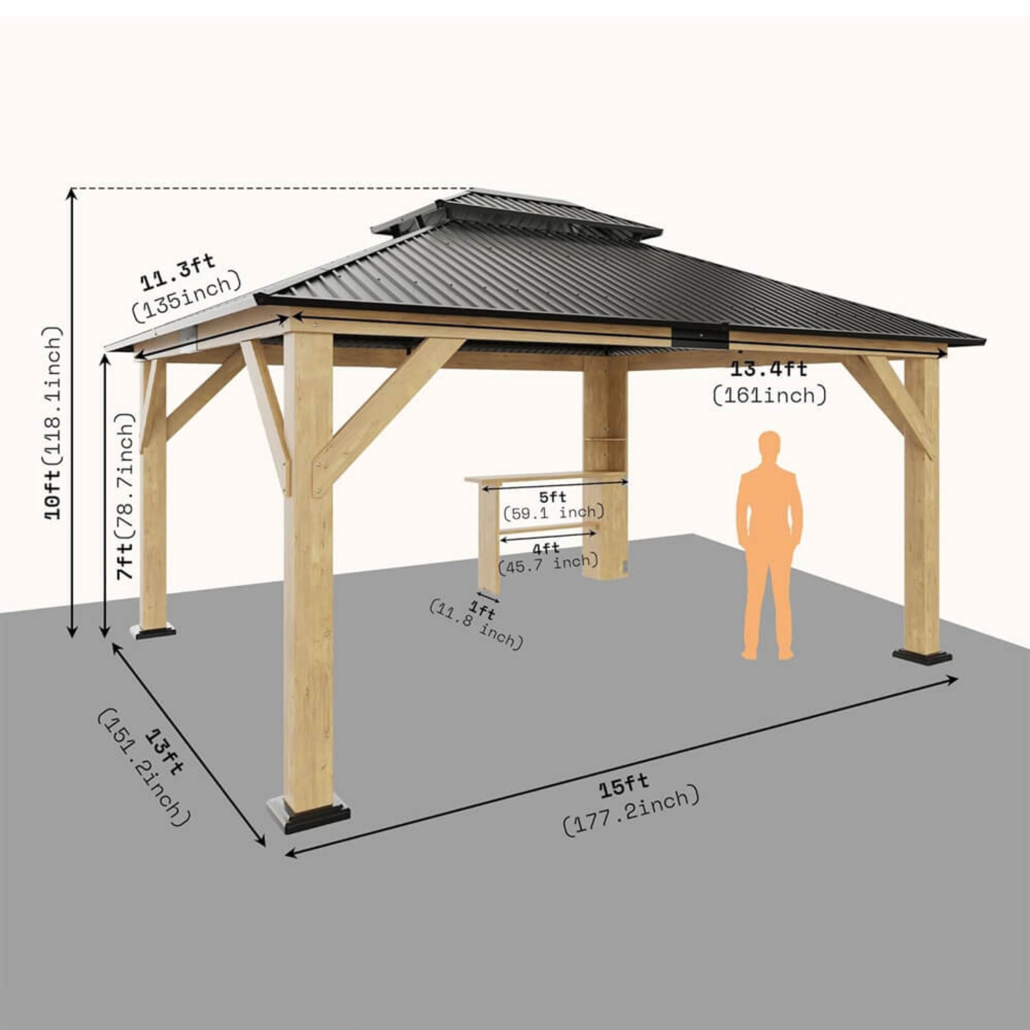[13x15FT] Premium Outdoor All-Season Wooden Cedar Hardtop Gazebo Carport With Double Iron Roof