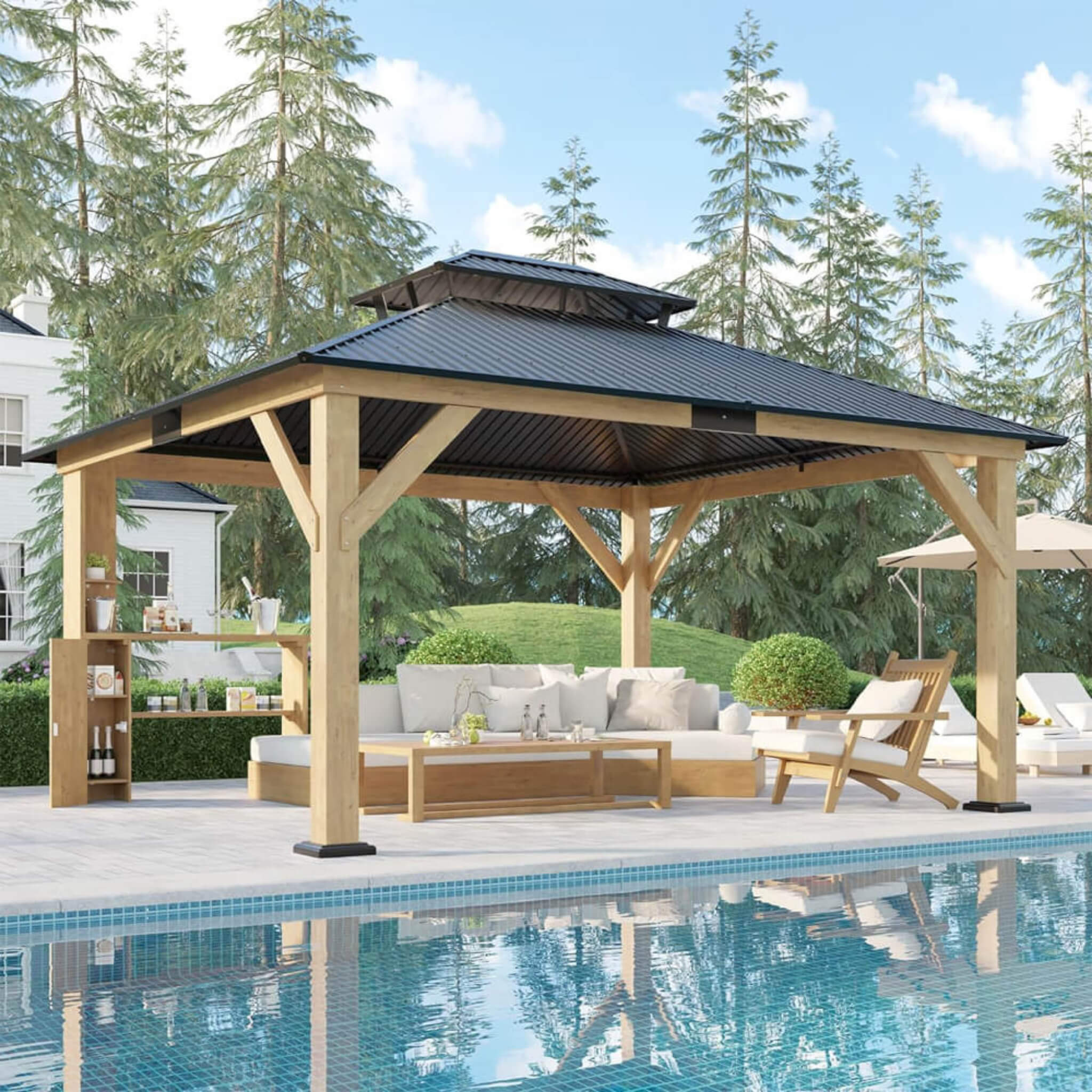 [13x15FT] Premium Outdoor All-Season Wooden Cedar Hardtop Gazebo Carport With Double Iron Roof