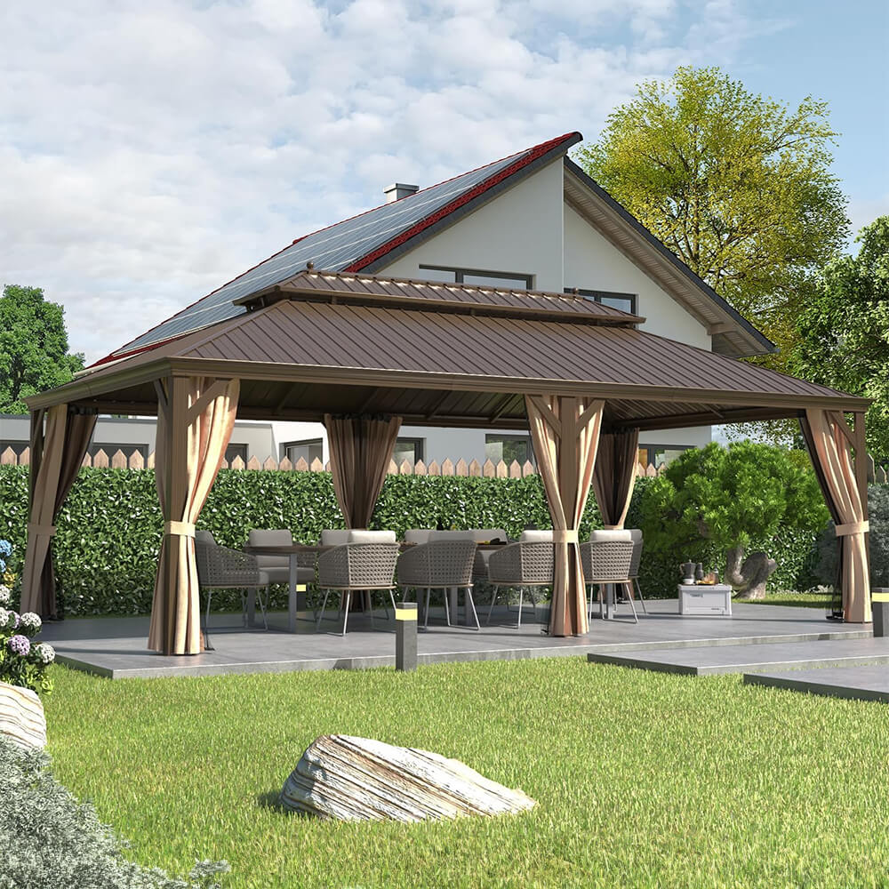 [14x24FT] Heavy Duty Aluminum Galvanized Steel Double Roof Hardtop Gazebo With Netting And Curtains