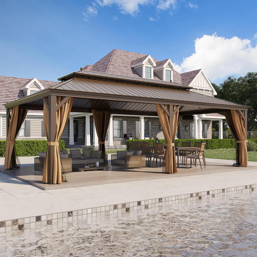 [14x24FT] Heavy Duty Aluminum Galvanized Steel Double Roof Hardtop Gazebo With Netting And Curtains
