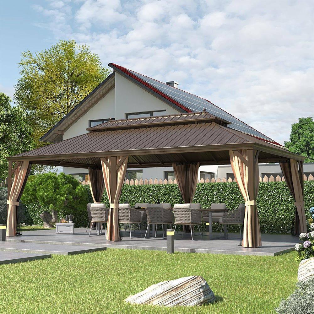 [14x24FT] Heavy Duty Aluminum Galvanized Steel Double Roof Hardtop Gazebo With Netting And Curtains