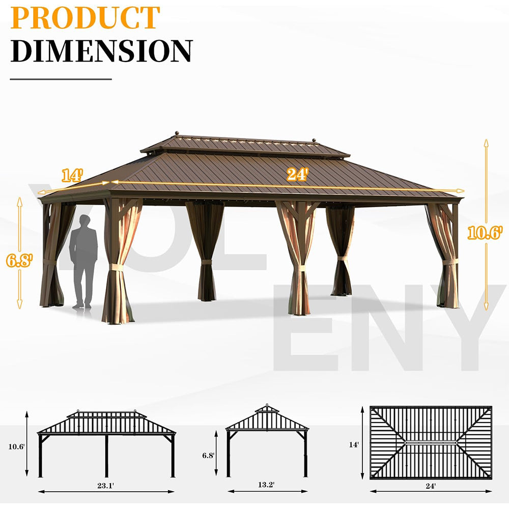 [14x24FT] Heavy Duty Aluminum Galvanized Steel Double Roof Hardtop Gazebo With Netting And Curtains