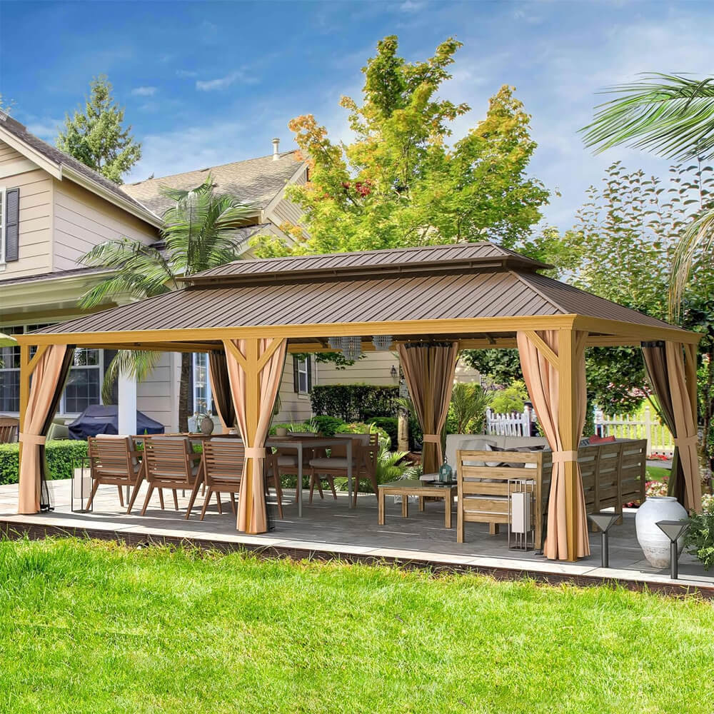 [14x24FT] Heavy Duty Aluminum Galvanized Steel Double Roof Hardtop Gazebo With Netting And Curtains