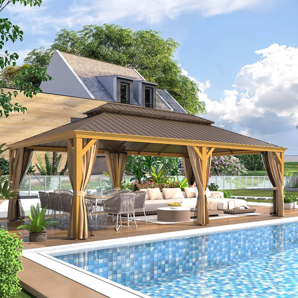 [14x24FT] Heavy Duty Aluminum Galvanized Steel Double Roof Hardtop Gazebo With Netting And Curtains