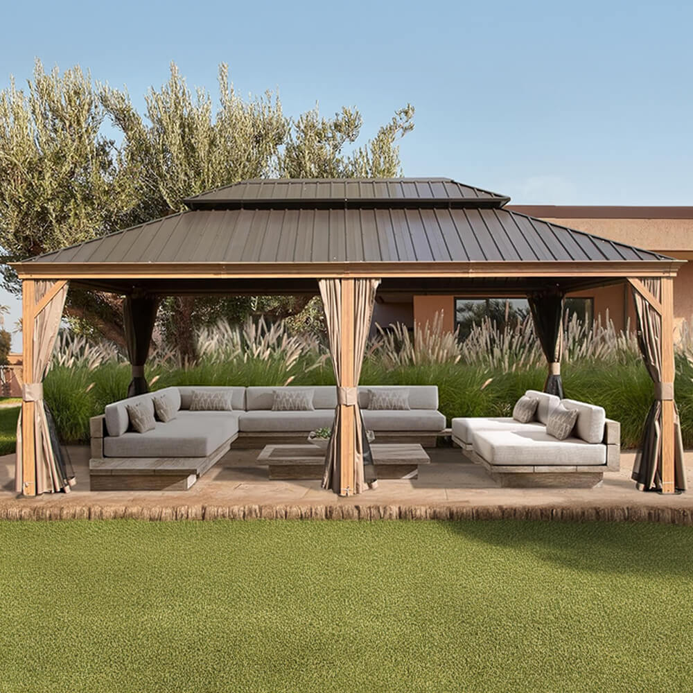 [14x24FT] Heavy Duty Aluminum Galvanized Steel Double Roof Hardtop Gazebo With Netting And Curtains