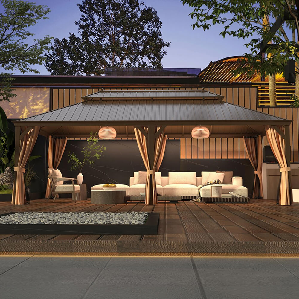 [14x24FT] Heavy Duty Aluminum Galvanized Steel Double Roof Hardtop Gazebo With Netting And Curtains