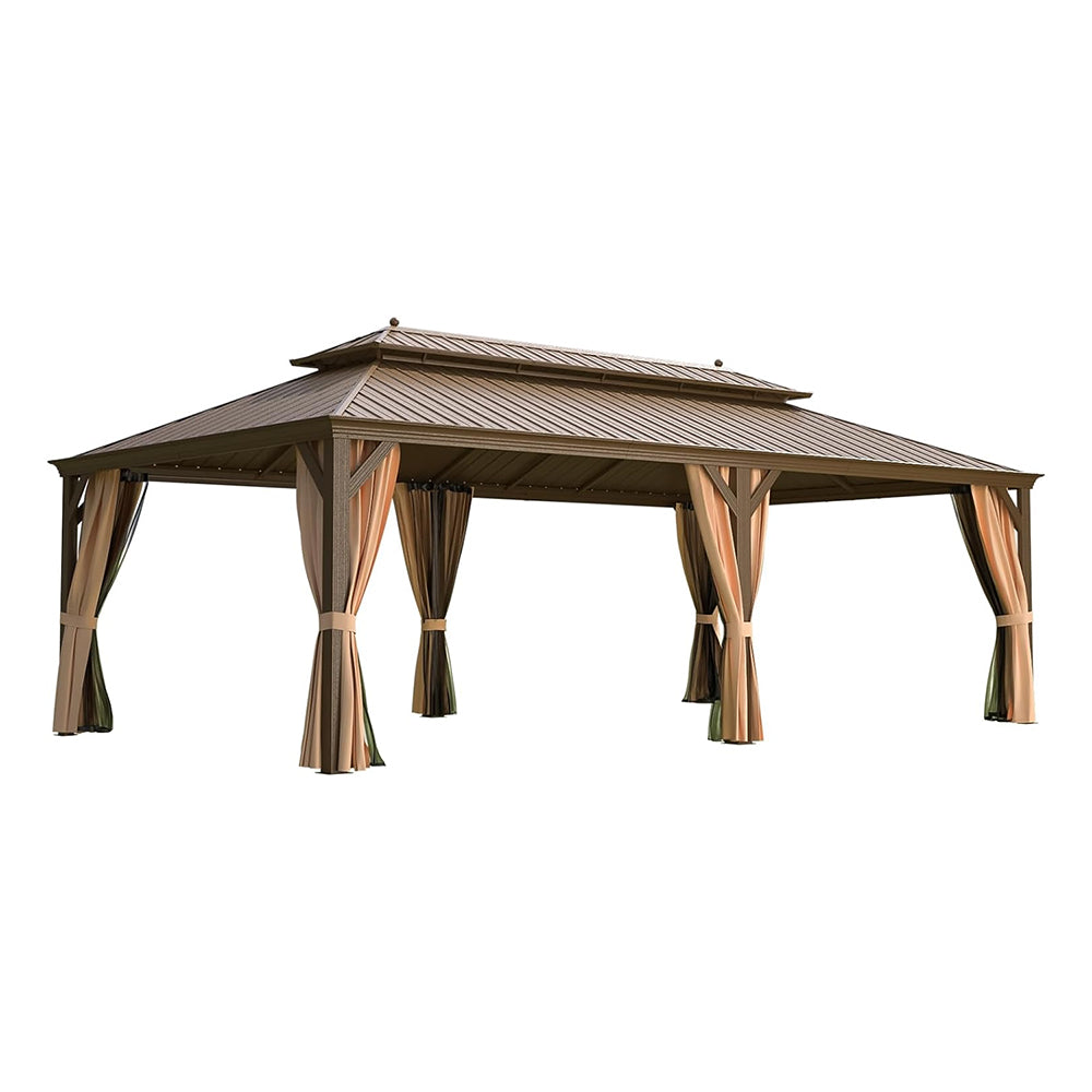 [14x24FT] Heavy Duty Aluminum Galvanized Steel Double Roof Hardtop Gazebo With Netting And Curtains