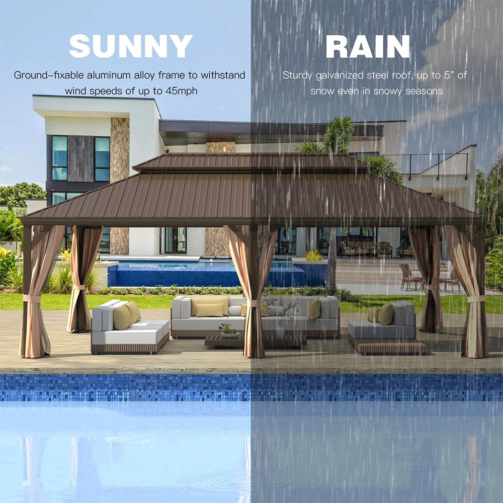 [14x24FT] Heavy Duty Aluminum Galvanized Steel Double Roof Hardtop Gazebo With Netting And Curtains