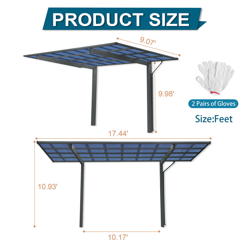 [10x17FT] Extra Large Heavy Duty Outdoor Aluminum Single Side Carport With Galvanized Metal Roof