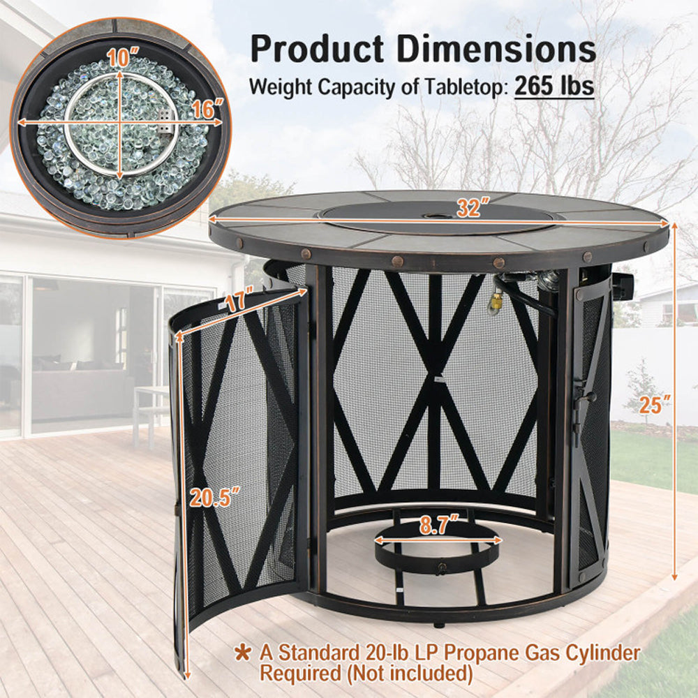 30K BTU Premium Outdoor Patio Gas Fire Pit Table With Fire Glass And Cover, 32" (96517432)