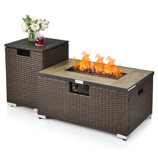 32" Propane Rattan Fire Pit Table Set W/ Side Table Tank & Cover (90165397)