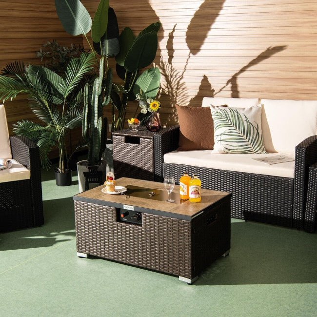 32" Propane Rattan Fire Pit Table Set W/ Side Table Tank & Cover (90165397)