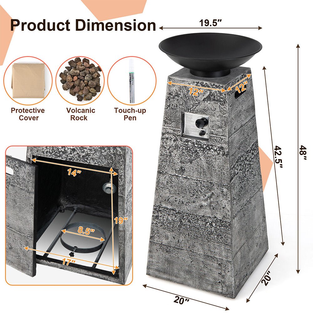 48" Large Outdoor Propane Fire Bowl Column With Cover & Lava Rocks (96173485)