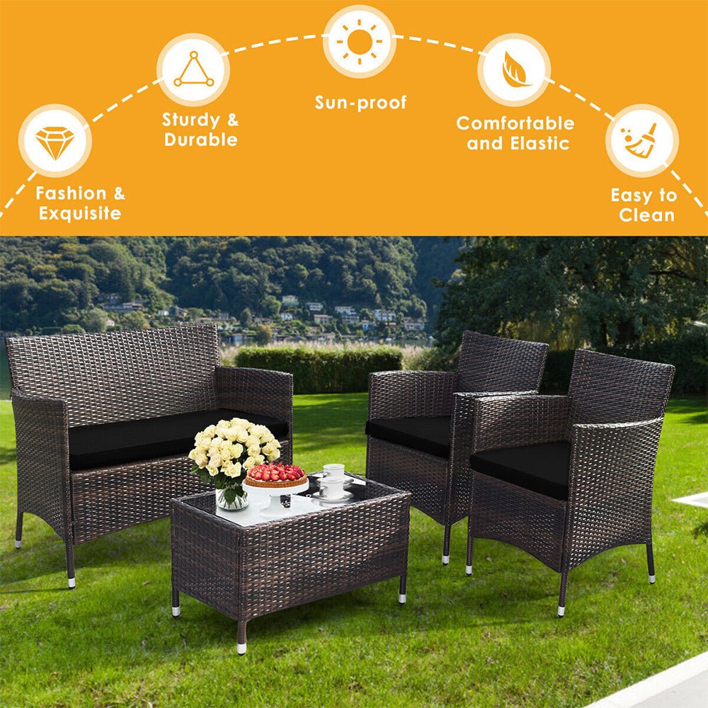 4PCS Outdoor Rattan Patio Furniture Set With Cushions & Coffee Table (92175463)