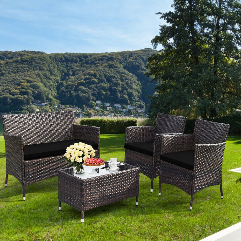 4PCS Outdoor Rattan Patio Furniture Set With Cushions & Coffee Table (92175463)