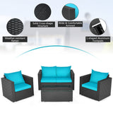 4PCS Outdoor Rattan Wicker Patio Furniture Set With Turquoise Cushions (97145368)