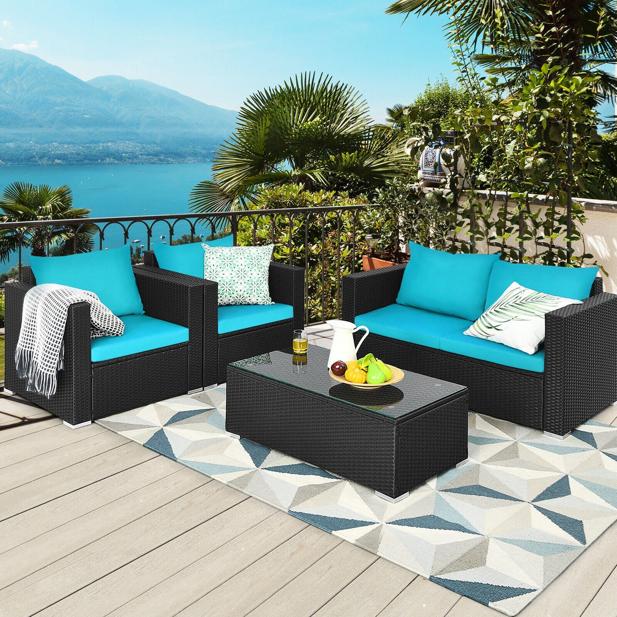 4PCS Outdoor Rattan Wicker Patio Furniture Set With Turquoise Cushions (97145368)
