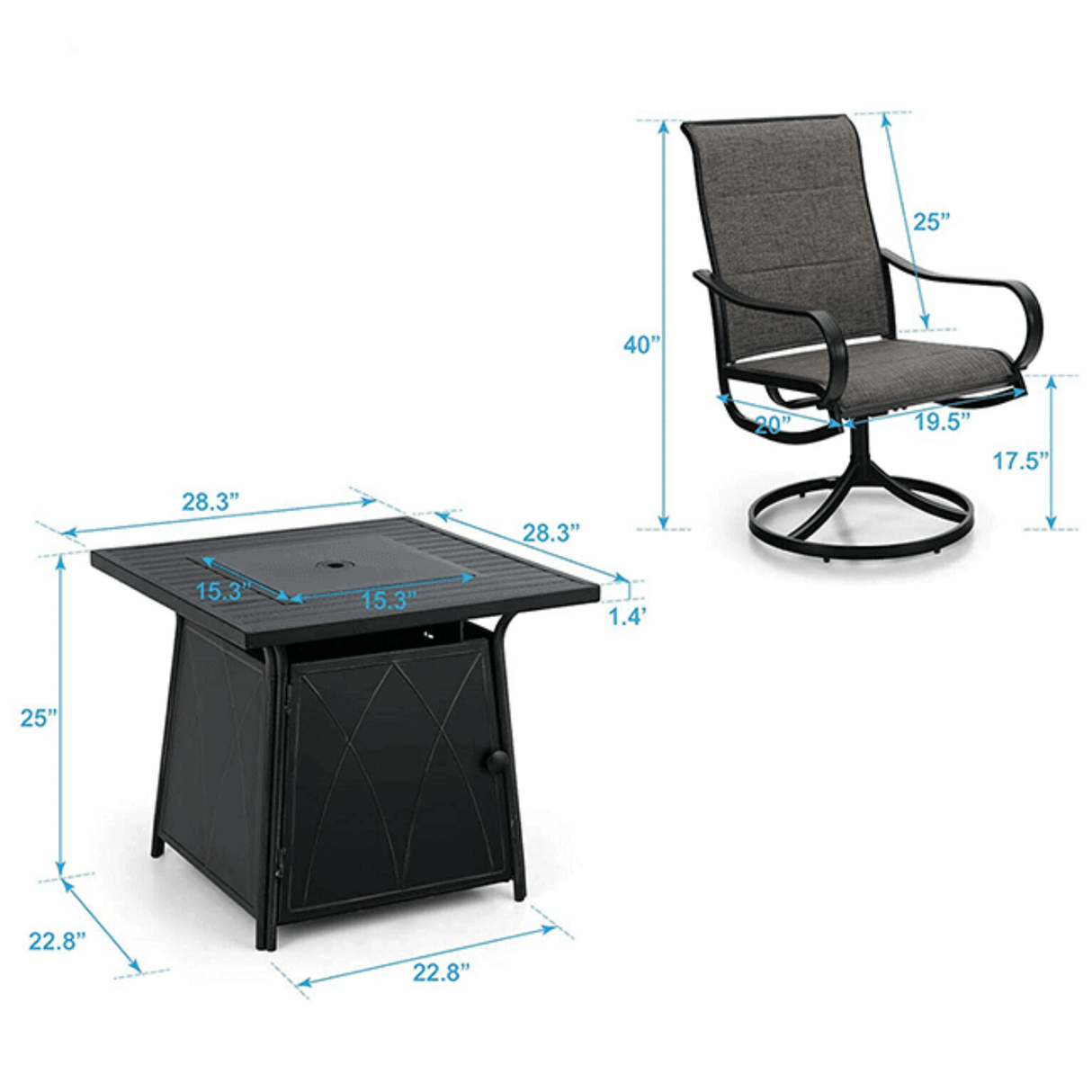 50K BTU Propane Gas Fire Pit Table Set W/ Swivel Chairs, 5PCS