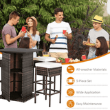 5PCS Patio Rattan Bar Table Stool Set With Hidden Storage Shelf & Cushions