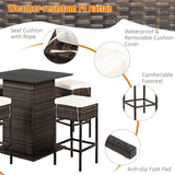 5PCS Patio Rattan Bar Table Stool Set With Hidden Storage Shelf & Cushions