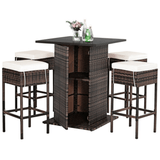 5PCS Patio Rattan Bar Table Stool Set With Hidden Storage Shelf & Cushions