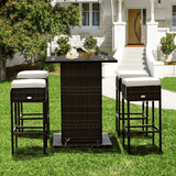 5PCS Patio Rattan Bar Table Stool Set With Hidden Storage Shelf & Cushions