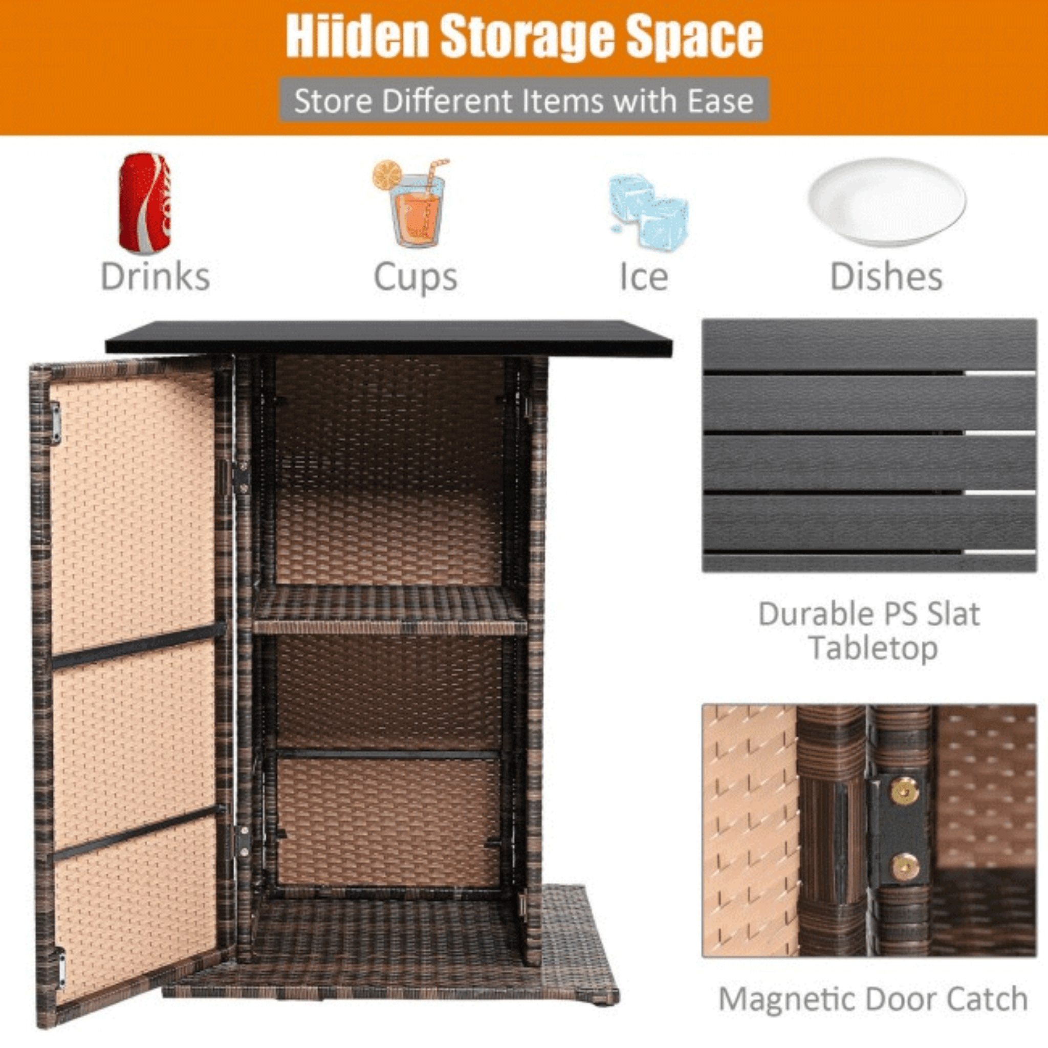 5PCS Patio Rattan Bar Table Stool Set With Hidden Storage Shelf & Cushions