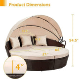 5PCS Round Outdoor Patio Rattan Wicker Daybed With Retractable Canopy, 66''