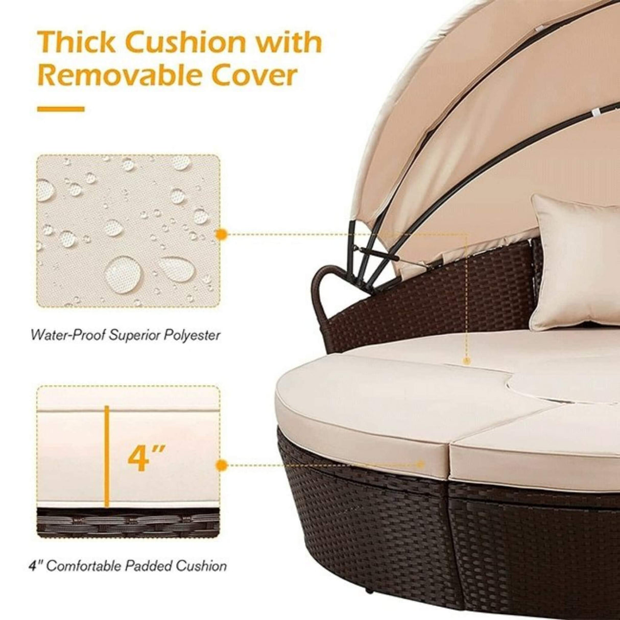 5PCS Round Outdoor Patio Rattan Wicker Daybed With Retractable Canopy, 66''