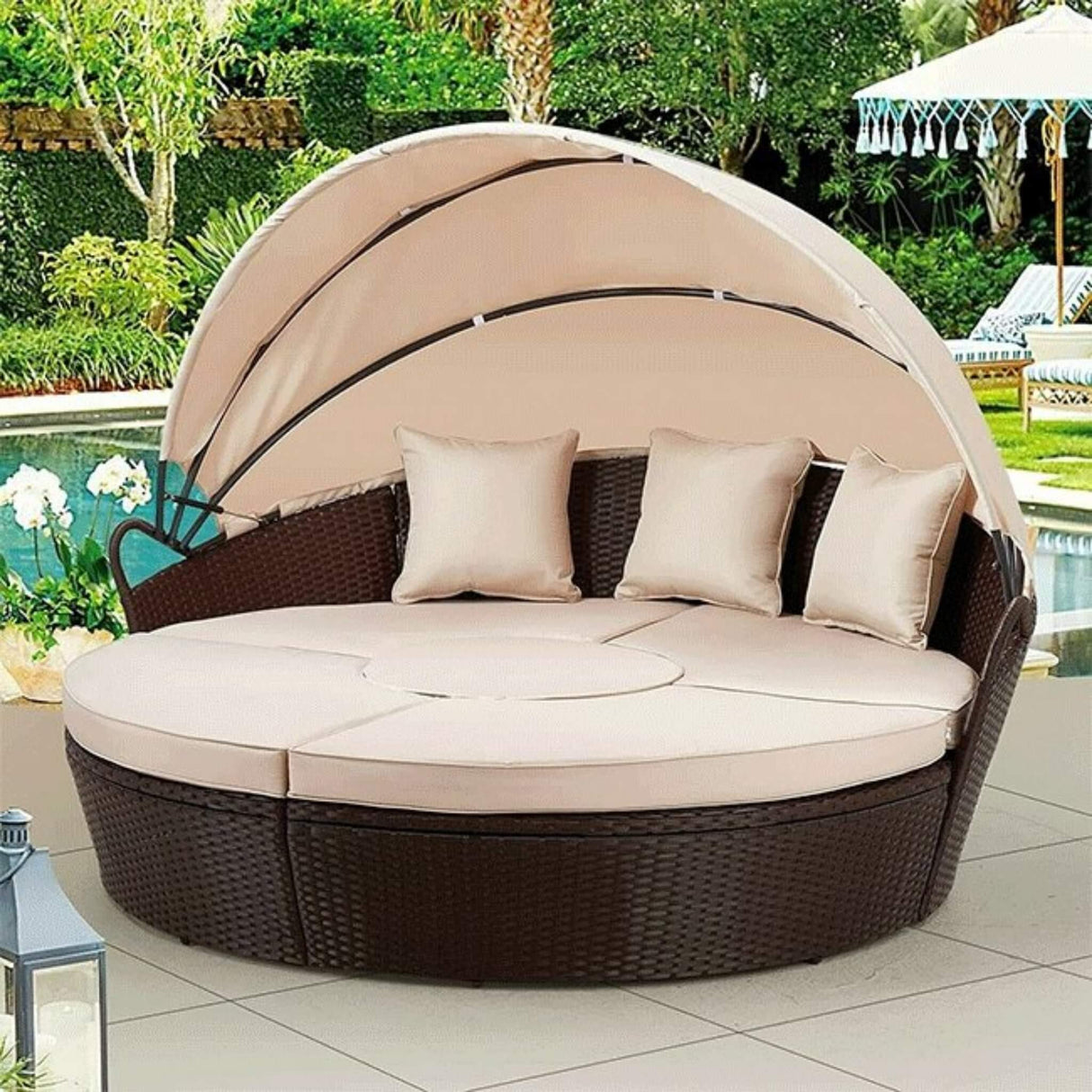 5PCS Round Outdoor Patio Rattan Wicker Daybed With Retractable Canopy, 66''