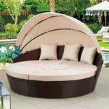 5PCS Round Outdoor Patio Rattan Wicker Daybed With Retractable Canopy, 66''