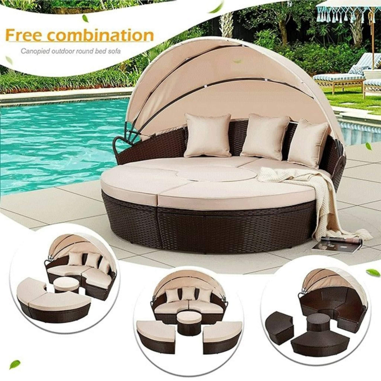 5PCS Round Outdoor Patio Rattan Wicker Daybed With Retractable Canopy, 66''