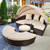 5PCS Round Outdoor Patio Rattan Wicker Daybed With Retractable Canopy, 66''