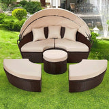 5PCS Round Outdoor Patio Rattan Wicker Daybed With Retractable Canopy, 66''
