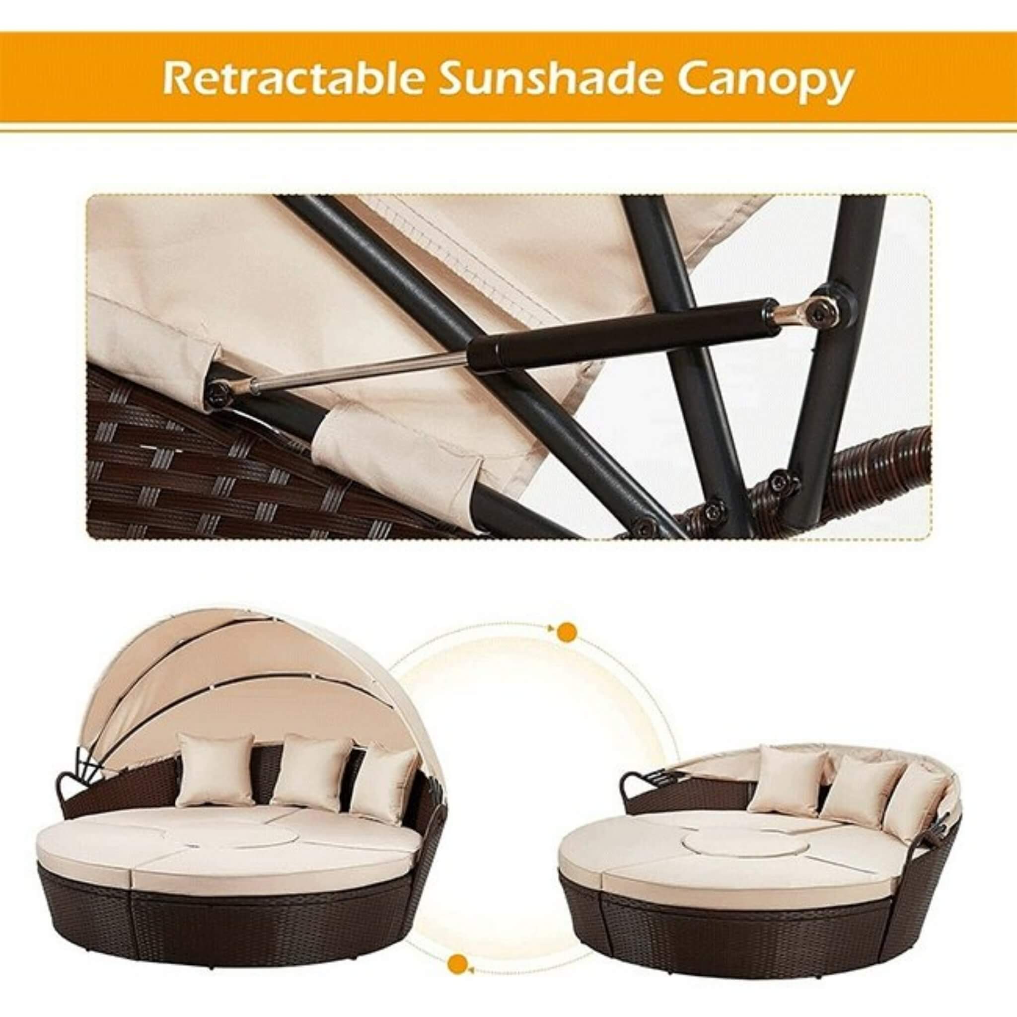 5PCS Round Outdoor Patio Rattan Wicker Daybed With Retractable Canopy, 66''